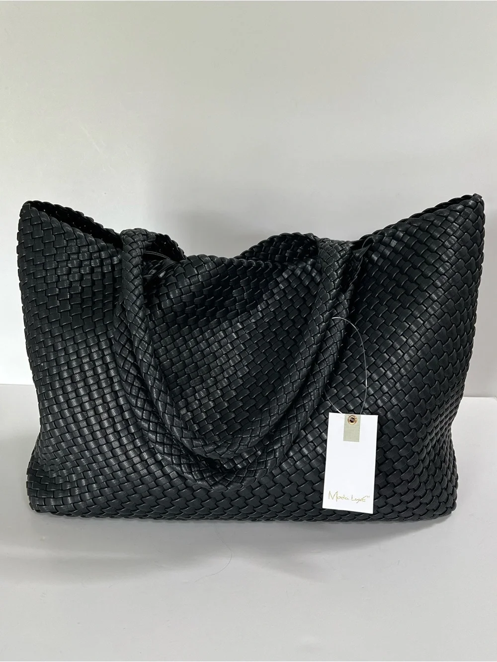 Moda Luxe Black Woven Large Tote Bag + Pouch NWT